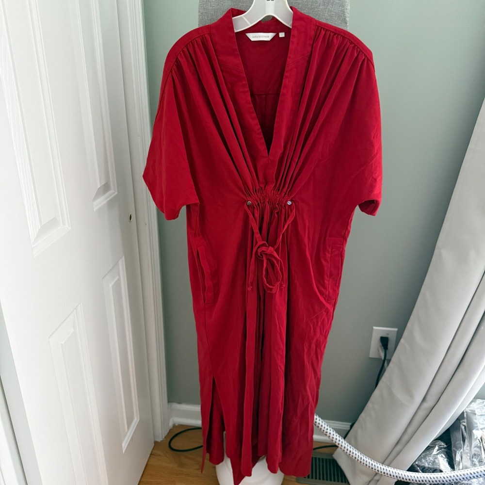Carla Rockmore Red Cotton Maxi Dress Womens L Boho Kaftan Lagenlook CR-004